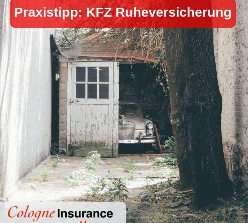 Ein altes Auto steht in einer Garage, die von Bäumen umgeben ist und teilweise im Schatten liegt.