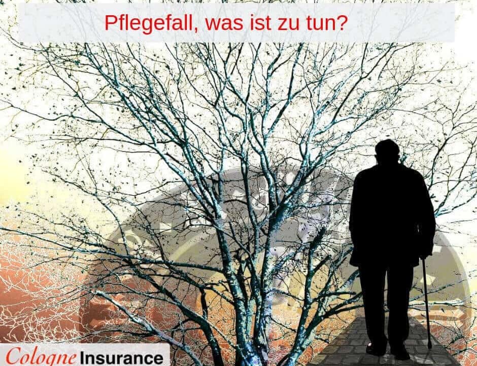 Silhouette eines Mannes, der vor einem Baum mit blassen Farben steht, mit dem Text 'Pflegefall, was ist zu tun?'