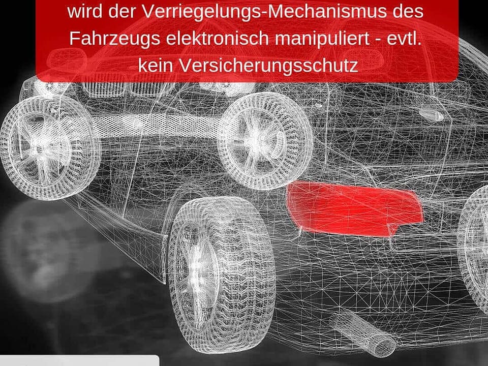 Technische Zeichnung eines Fahrzeugs mit hervorgehobenen Diebstahlwarnungen und Sicherheitsmechanismen.