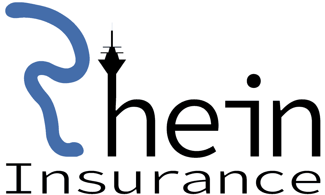 Logo der Rhein Versicherung mit blauer Schrift und grafischem Element.