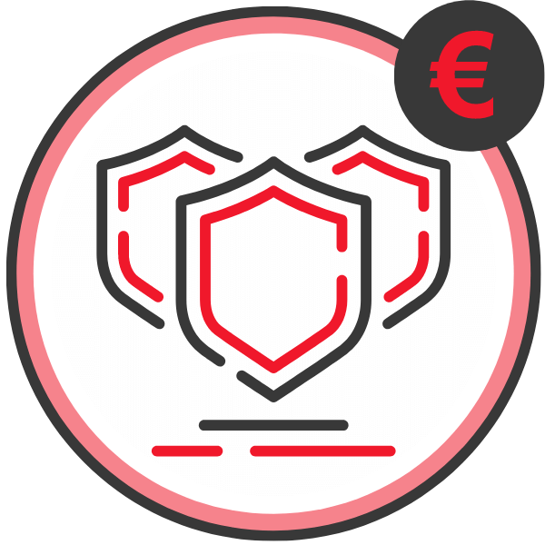 Grafik mit drei Schutzschilden in rot und schwarz sowie einem Euro-Symbol in der oberen rechten Ecke.