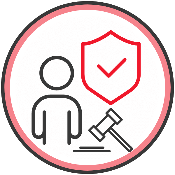 Grafik mit einer Person, einem Schutzschild und einem Richterhammer, die rechtliche Aspekte darstellt.