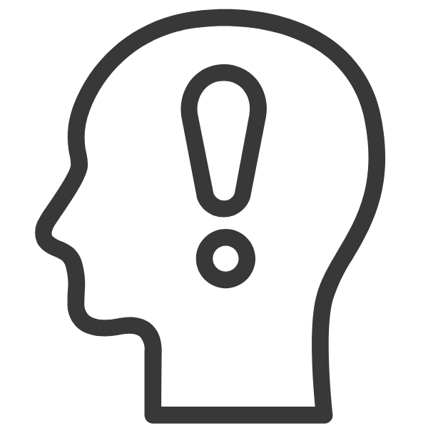 Grafik eines menschlichen Kopfes im Profil mit einem Ausrufezeichen und einem Punkt.