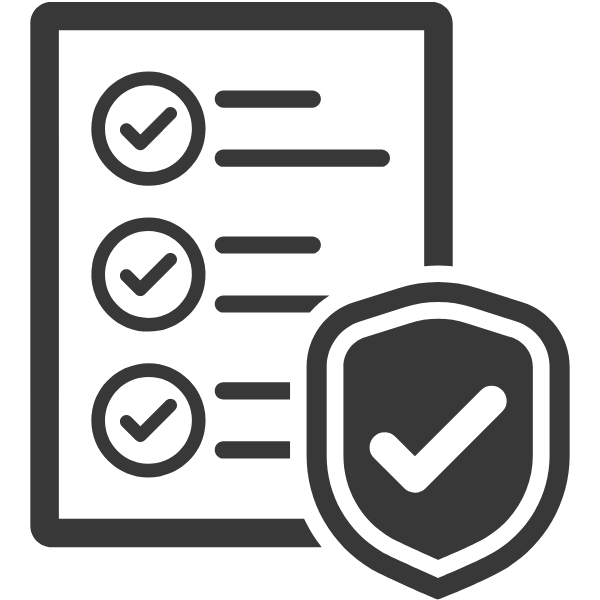 Grafik mit einer Checkliste und einem Schild, das ein Häkchen zeigt, symbolisiert Cyberversicherung.