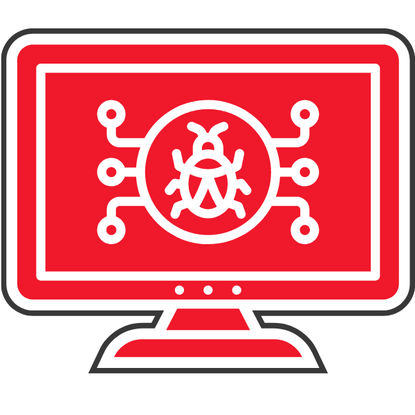 Rote Grafik eines Computers mit einem Virus-Symbol in der Mitte und Verbindungslinien.
