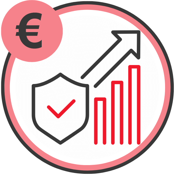 Grafik mit einem Euro-Symbol, einem Schild und einem aufsteigenden Diagramm in rot und schwarz.