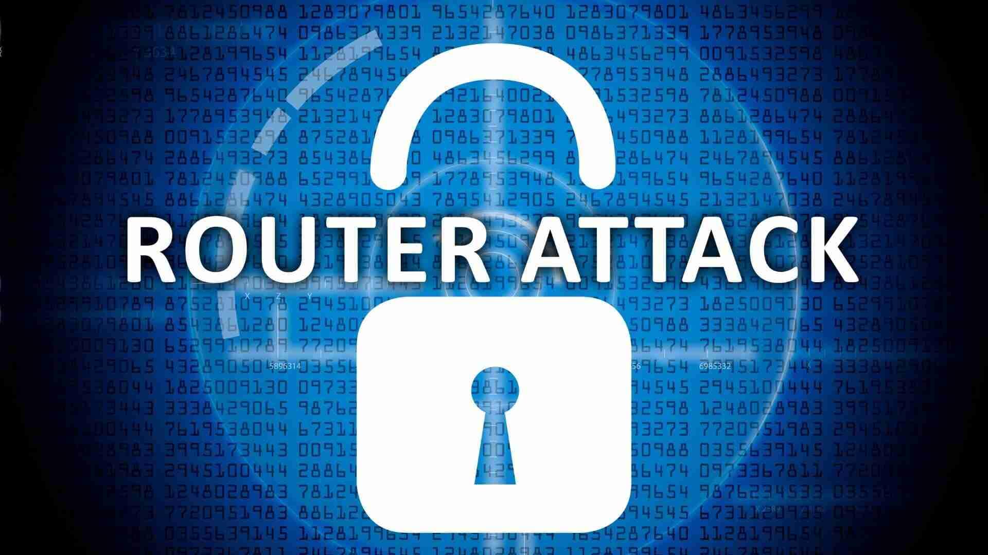 Grafik mit dem Text 'ROUTER ATTACK' und einem Schlosssymbol auf einem digitalen Hintergrund.