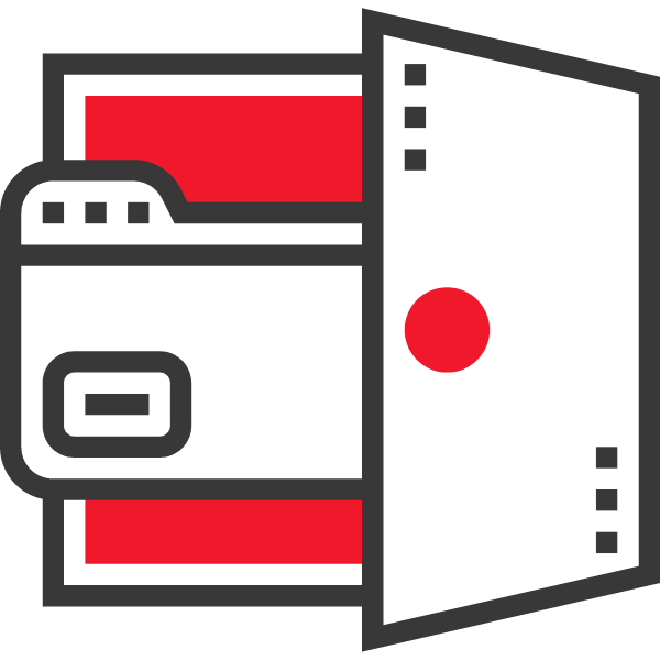 Grafik einer Geldbörse, die teilweise geöffnet ist und ein rotes Innenleben zeigt.