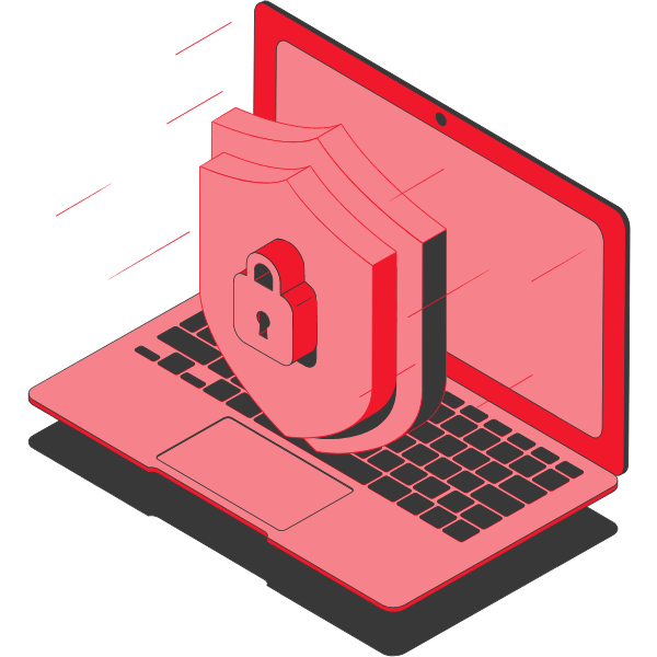 Illustration eines Laptops mit einem Schutzschild und einem Vorhängeschloss in rot.
