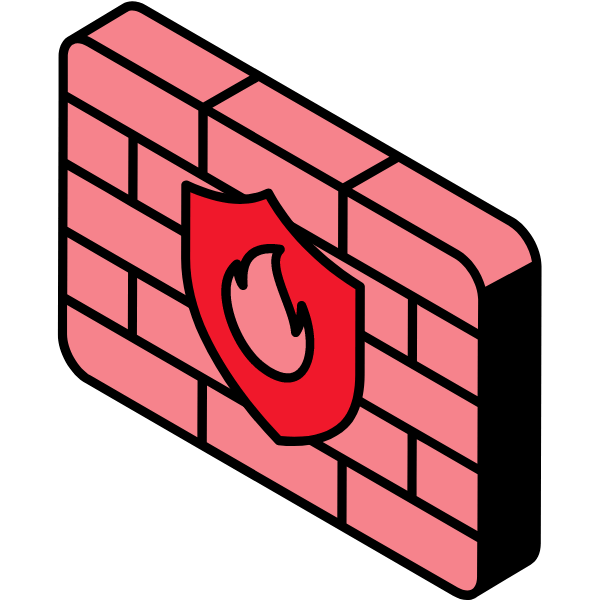 Grafik einer Firewall mit rotem Schild und Ziegelmauer in 3D-Darstellung.