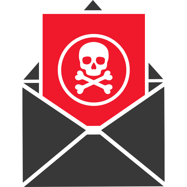 Symbol eines Phishing-E-Mails mit einem roten Hintergrund und einem Totenkopf-Symbol.