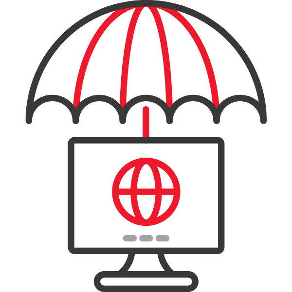 Grafik eines Computers mit einem Regenschirm darüber, der ein Globus-Symbol zeigt.