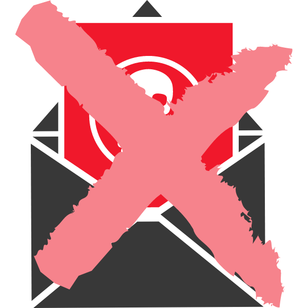 Symbol eines Spam-Filters mit einem durchgestrichenen Briefumschlag und einem roten Warnzeichen.