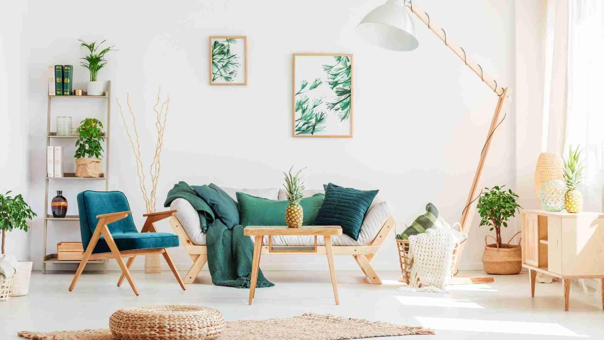 Ein modernes Wohnzimmer mit einer Couch, einem Sessel und verschiedenen Pflanzen in Töpfen.