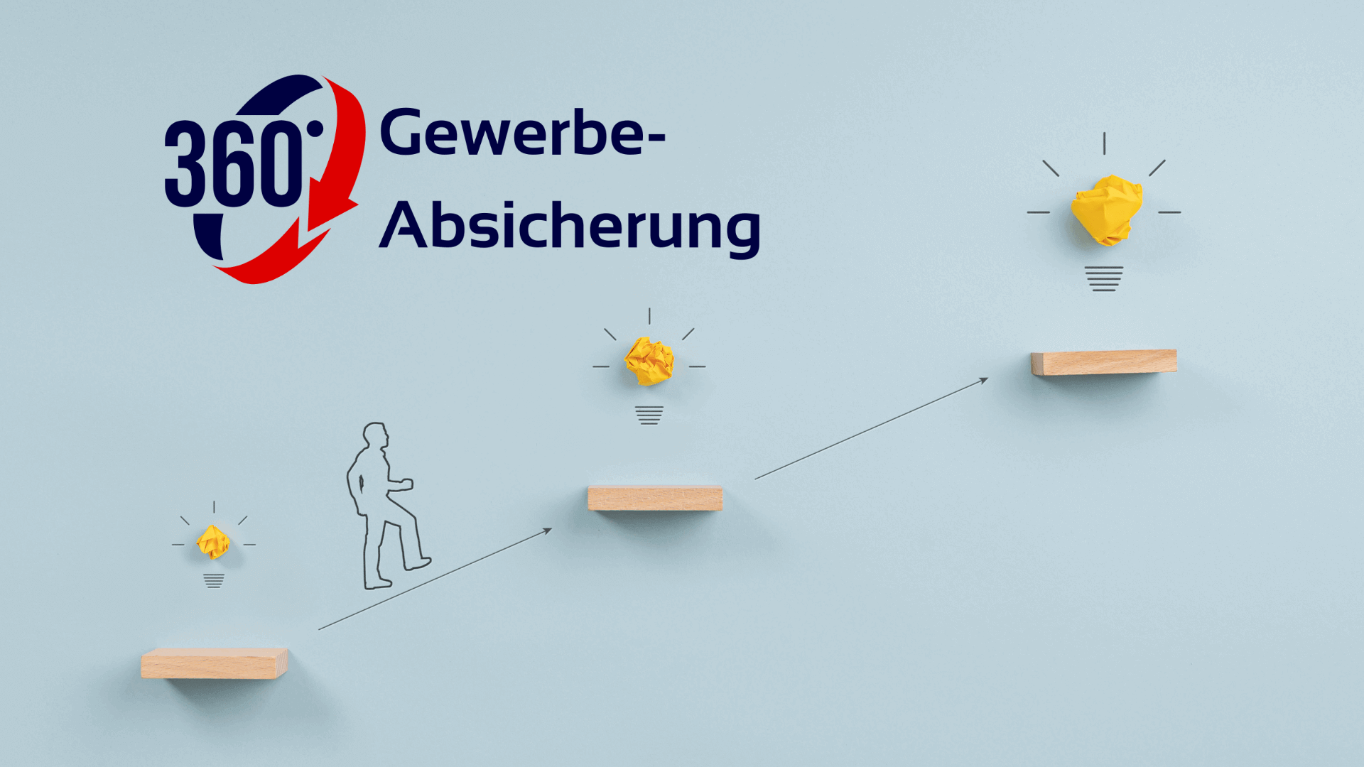 Grafik mit Stufen und gelben Elementen zur Darstellung von Gewerbe-Abicherung auf einem blauen Hintergrund.