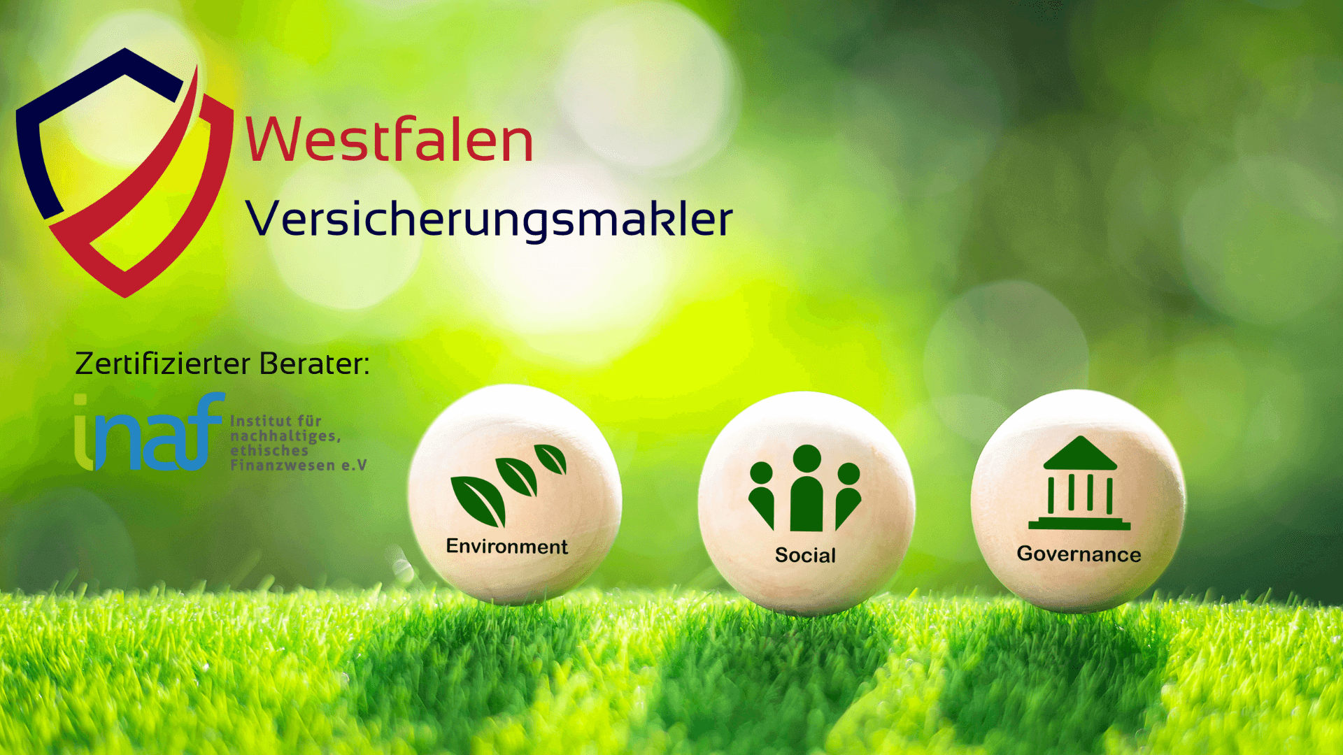 Drei Symbole für Umwelt, Soziales und Governance auf einer grünen Wiese mit Logo von Westfalen Versicherungsmakler.