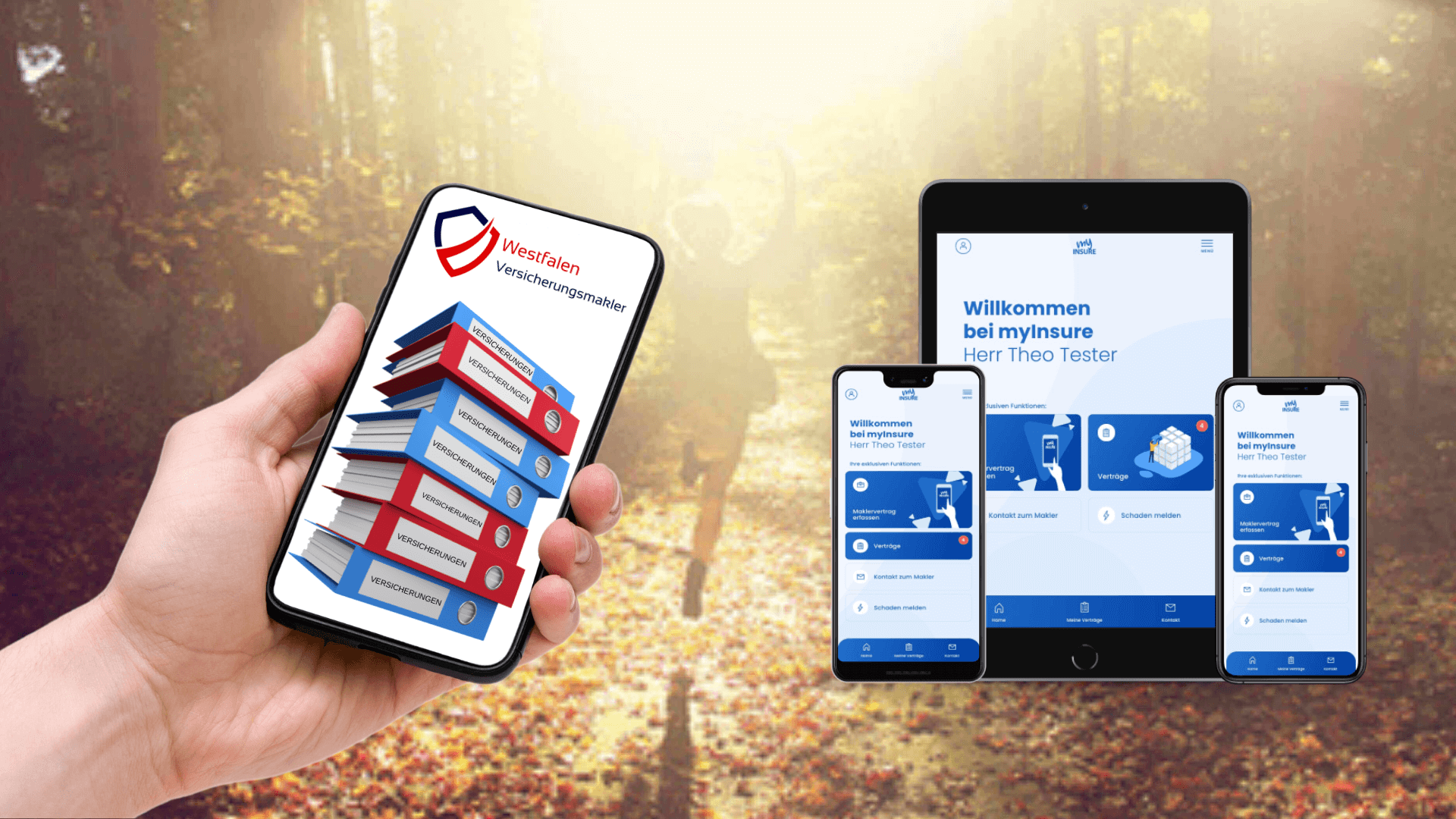 Mobile App von Westfalen Versicherungsmakler auf verschiedenen Geräten, einschließlich Smartphone und Tablet.
