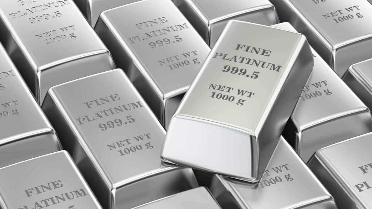 Mehrere Platinbarren mit der Aufschrift 'FINE PLATINUM 999.5' und Gewichtsangabe.