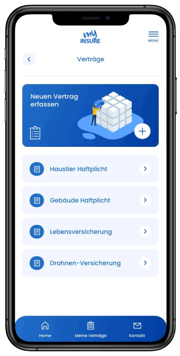 Mobile App-Bildschirm zeigt Optionen zur Erfassung neuer Versicherungsverträge auf einem Smartphone.