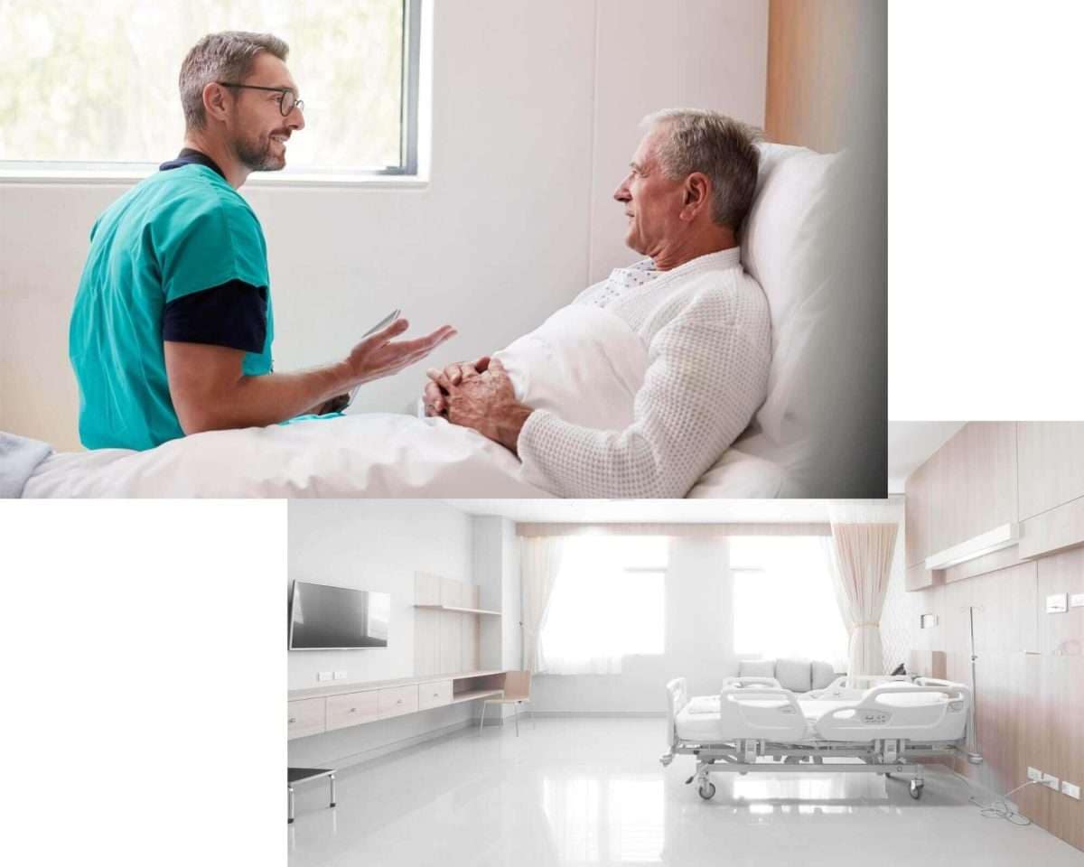 Ein Arzt spricht mit einem Patienten, der im Krankenhausbett sitzt, in einem modernen Behandlungsraum.