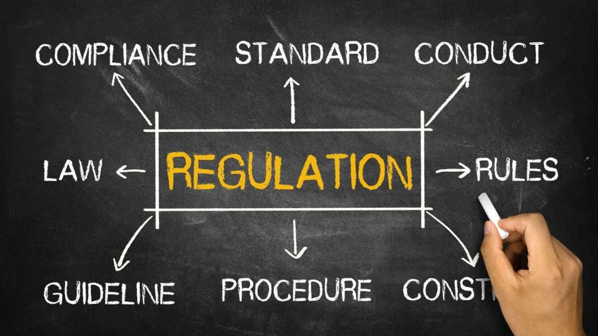 Diagramm mit dem Wort 'Regulation' in der Mitte und verschiedenen Begriffen wie 'Compliance' und 'Regeln' umgeben.