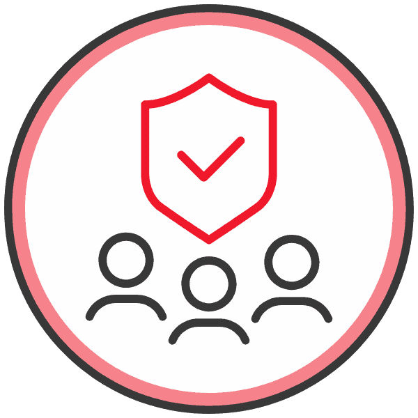 Grafik mit drei Figuren und einem Schild, das Sicherheit symbolisiert.