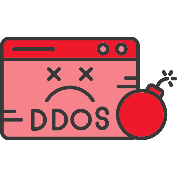 Grafik eines Computerfensters mit DDoS-Symbol und einer roten Bombe daneben.