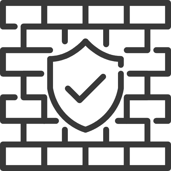 Symbol einer Firewall mit einem Schild und Häkchen auf einem Mauerhintergrund.