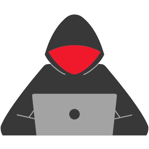 Grafik eines Hackers mit Kapuze, der an einem Laptop arbeitet, auf schwarzem Hintergrund.