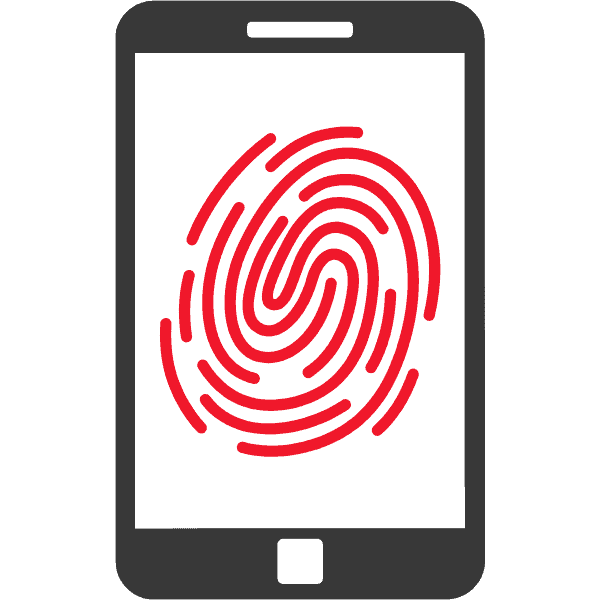 Smartphone mit einem roten Fingerabdrucksymbol auf dem Bildschirm dargestellt.