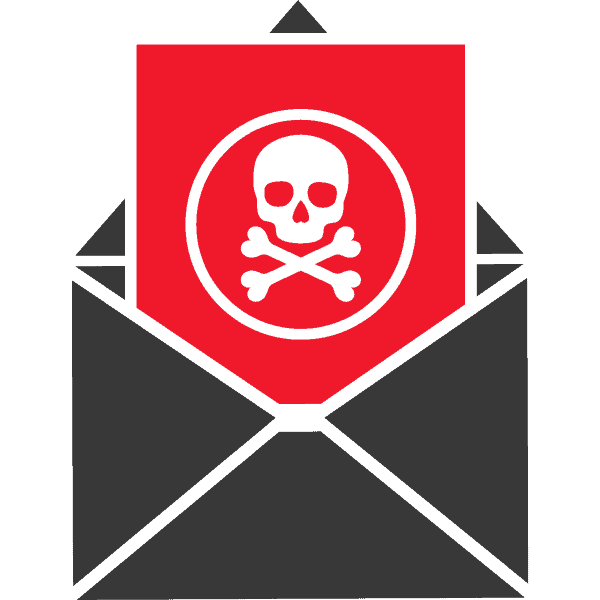 Grafik eines Briefumschlags mit einem roten Warnsymbol und einem Totenkopf-Symbol in der Mitte.