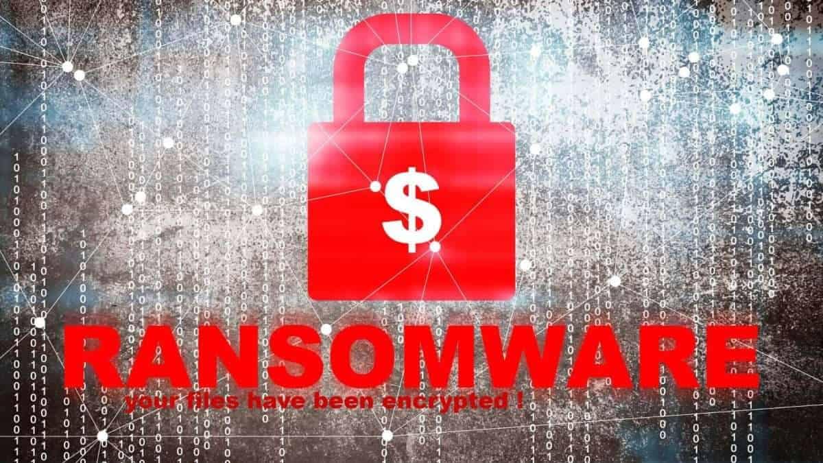 Rotes Schloss-Symbol mit Dollarzeichen und dem Wort Ransomware auf digitalem Hintergrund.