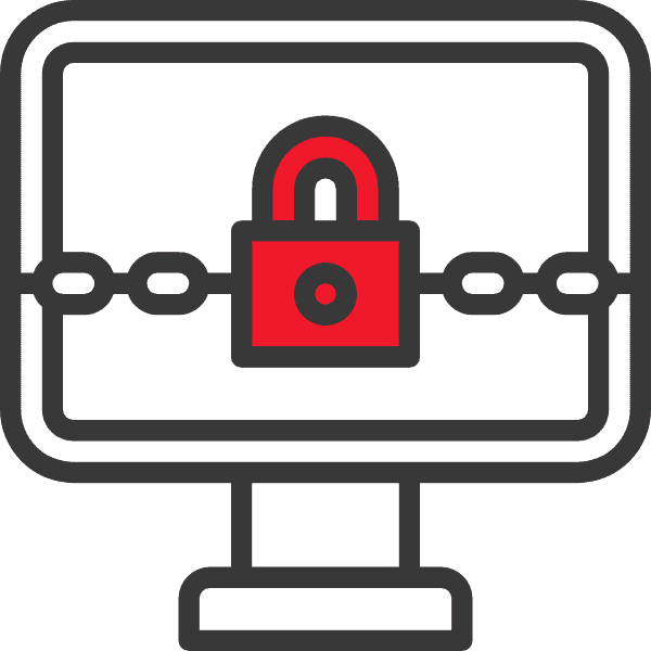 Grafik eines Computerbildschirms mit einem roten Schloss-Symbol, das Ransomware darstellt.