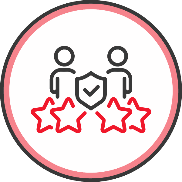 Grafik mit zwei Personen, einem Schutzschild und drei Sternen, die Reputationsschutz darstellen.