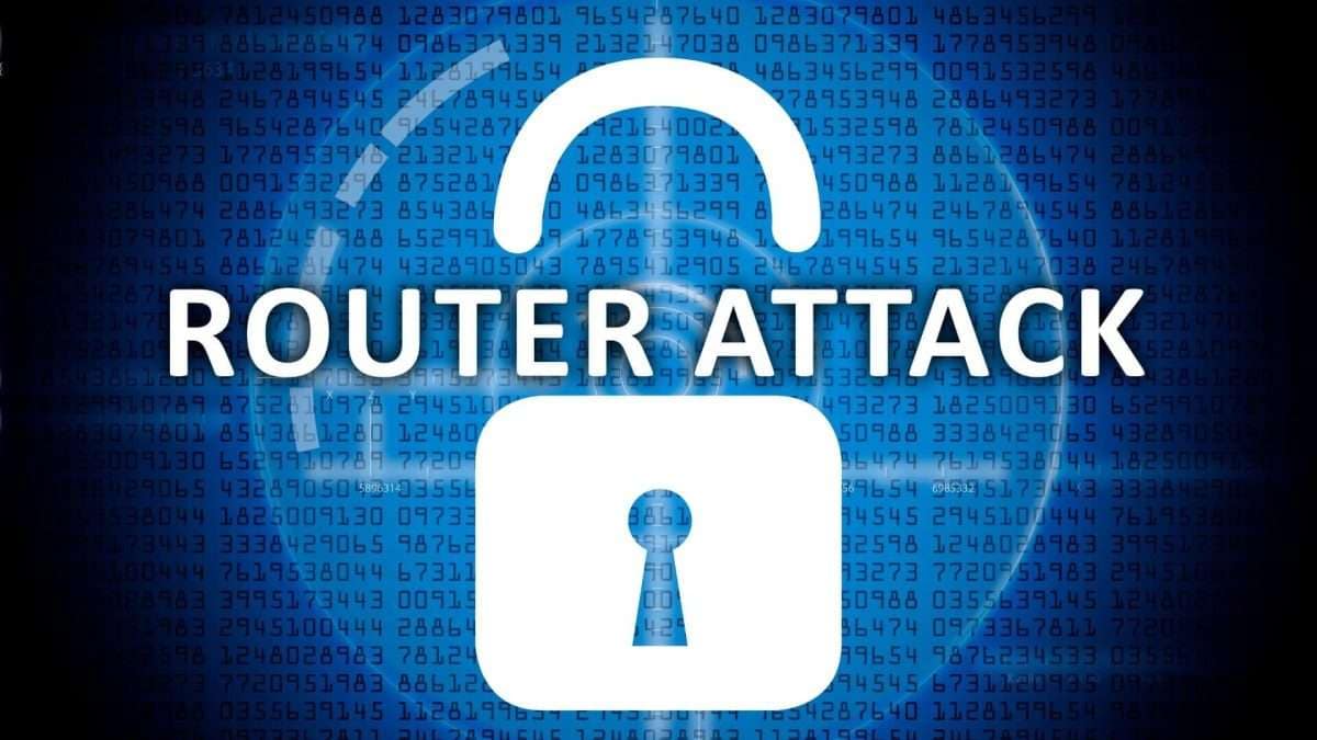 Grafik mit dem Text 'ROUTER ATTACK' und einem Schlosssymbol auf digitalem Hintergrund.