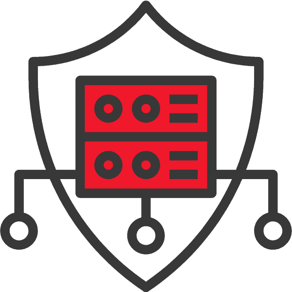 Grafik eines Schildes mit einem Server und Netzwerkverbindungen in einem einfachen Design.