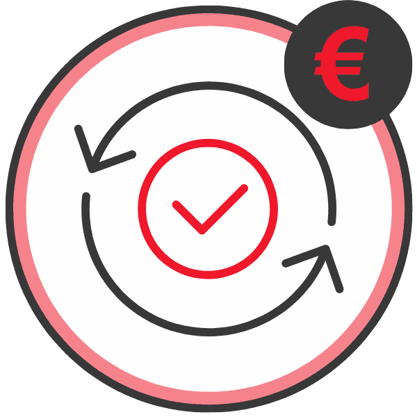 Grafik mit einem Kreis und einem Häkchen, das Wiederherstellungskosten darstellt, mit Euro-Symbol.