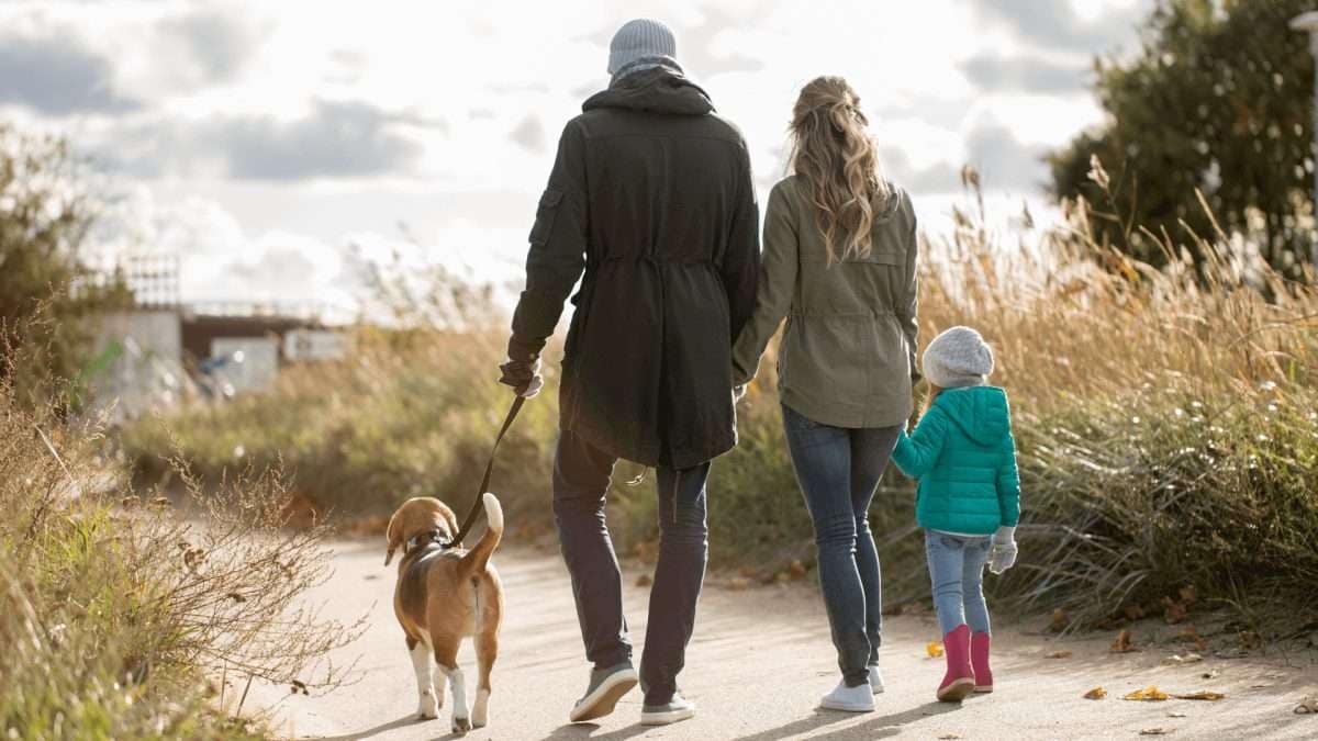Eine Familie mit einem Hund geht einen Weg entlang, während sie sich an den Händen halten.