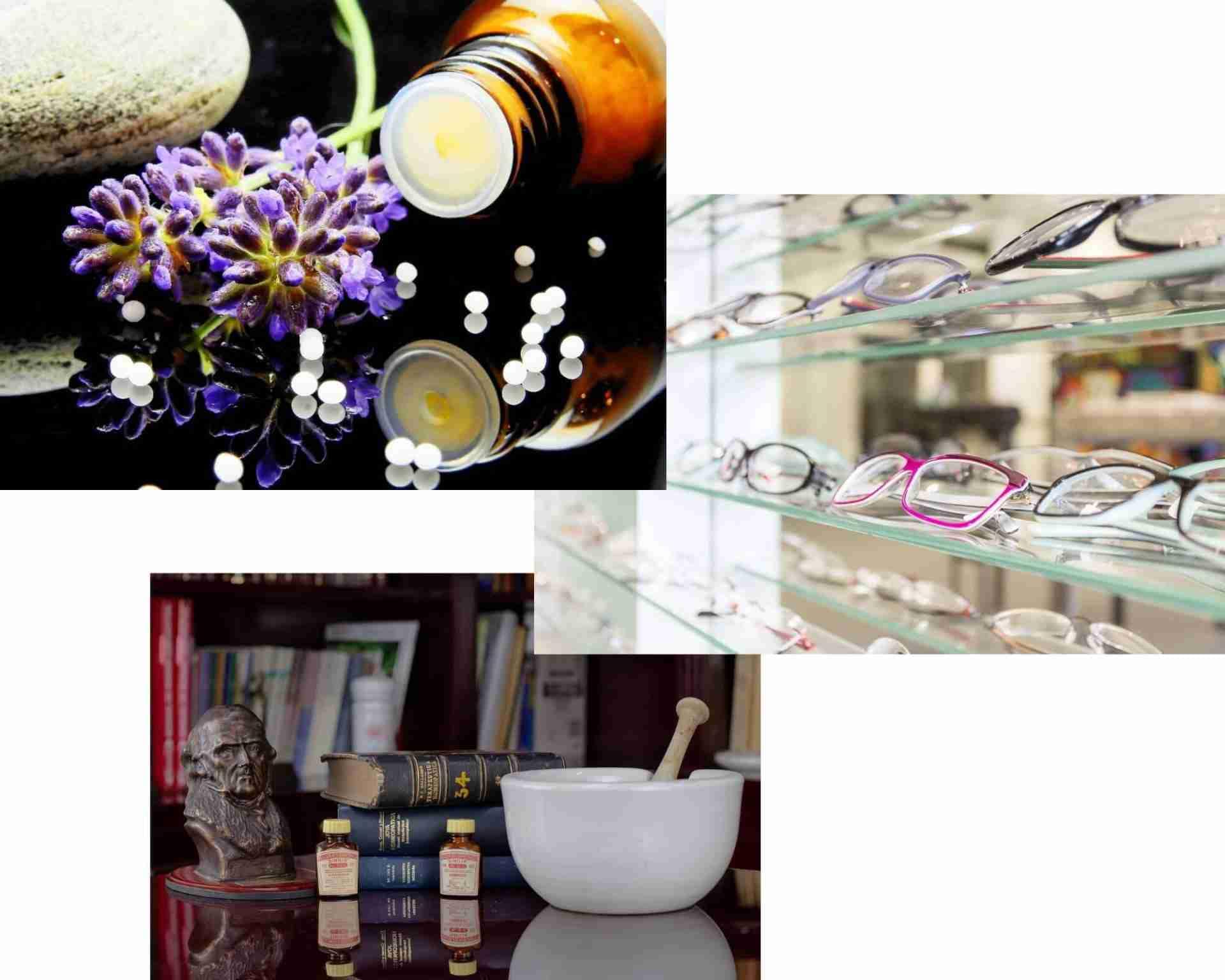 Eine Collage mit Gesundheitsprodukten, Brillen und einem Mörser auf einem Tisch.