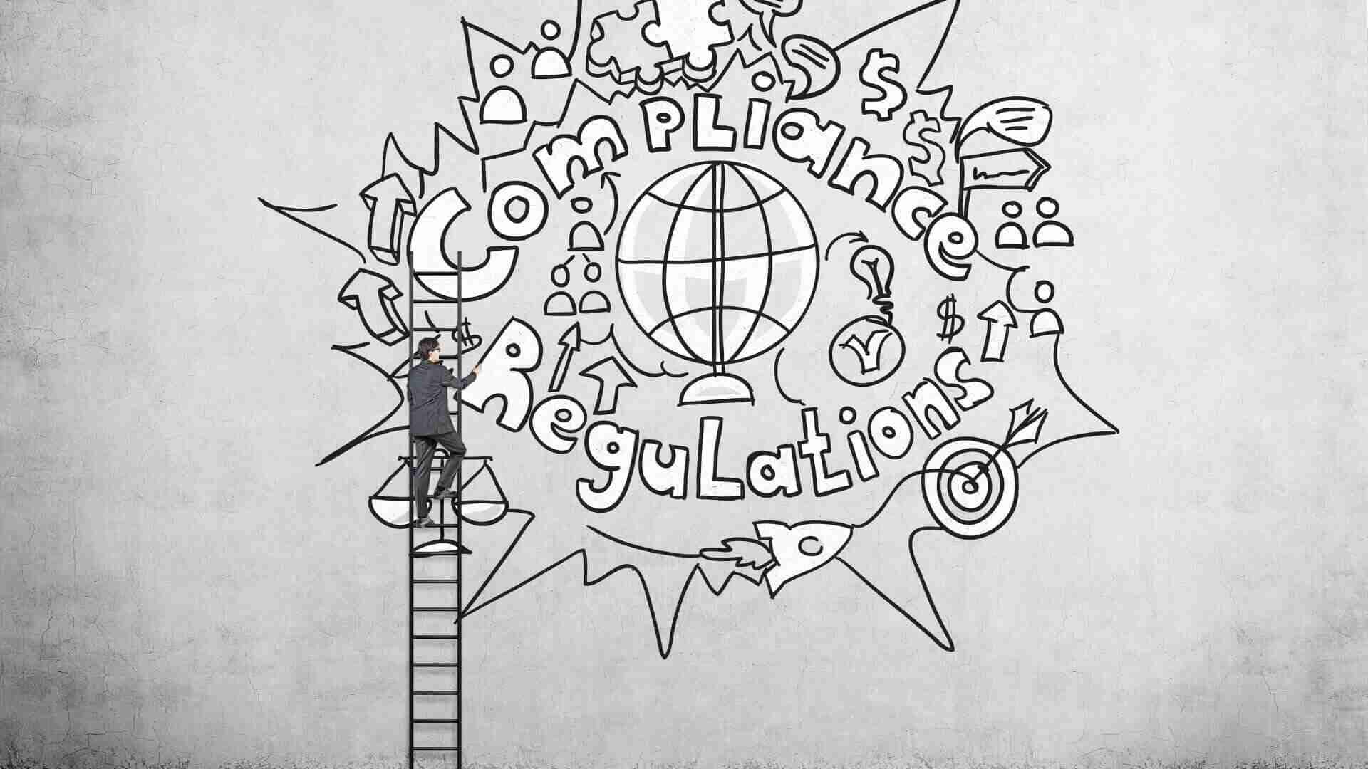 Illustration mit dem Begriff 'Compliance Regulations' und verschiedenen grafischen Elementen auf einer Wand.