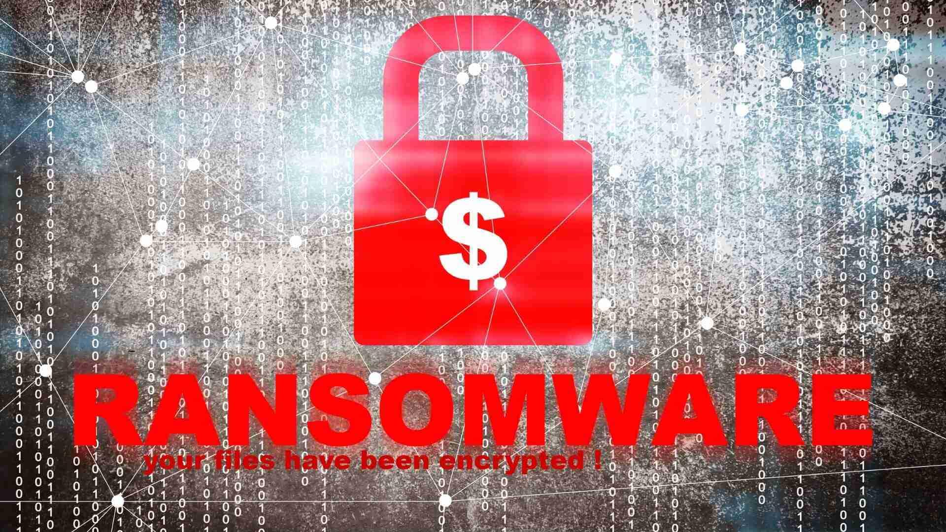 Rotes Schloss-Symbol mit Dollarzeichen und dem Text 'RANSOMWARE: Ihre Dateien wurden verschlüsselt'.
