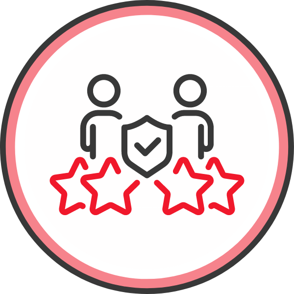 Grafik mit zwei stilisierten Personen, einem Schild und drei roten Sternen in einem runden Rahmen.