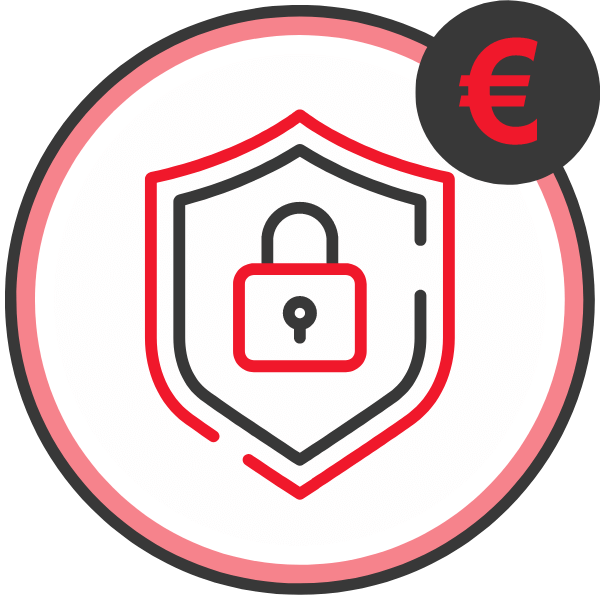 Grafisches Symbol eines Schildes mit einem Schloss und einem Euro-Zeichen in der Ecke.