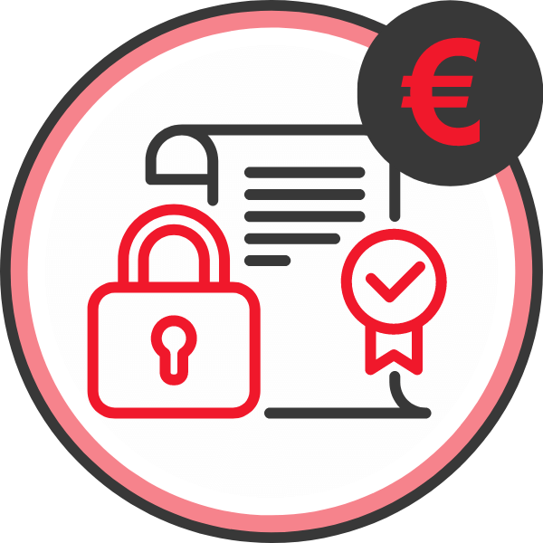 Grafik mit einem Dokument, einem Schloss und einem Euro-Symbol, das Vertragsstrafen darstellt.