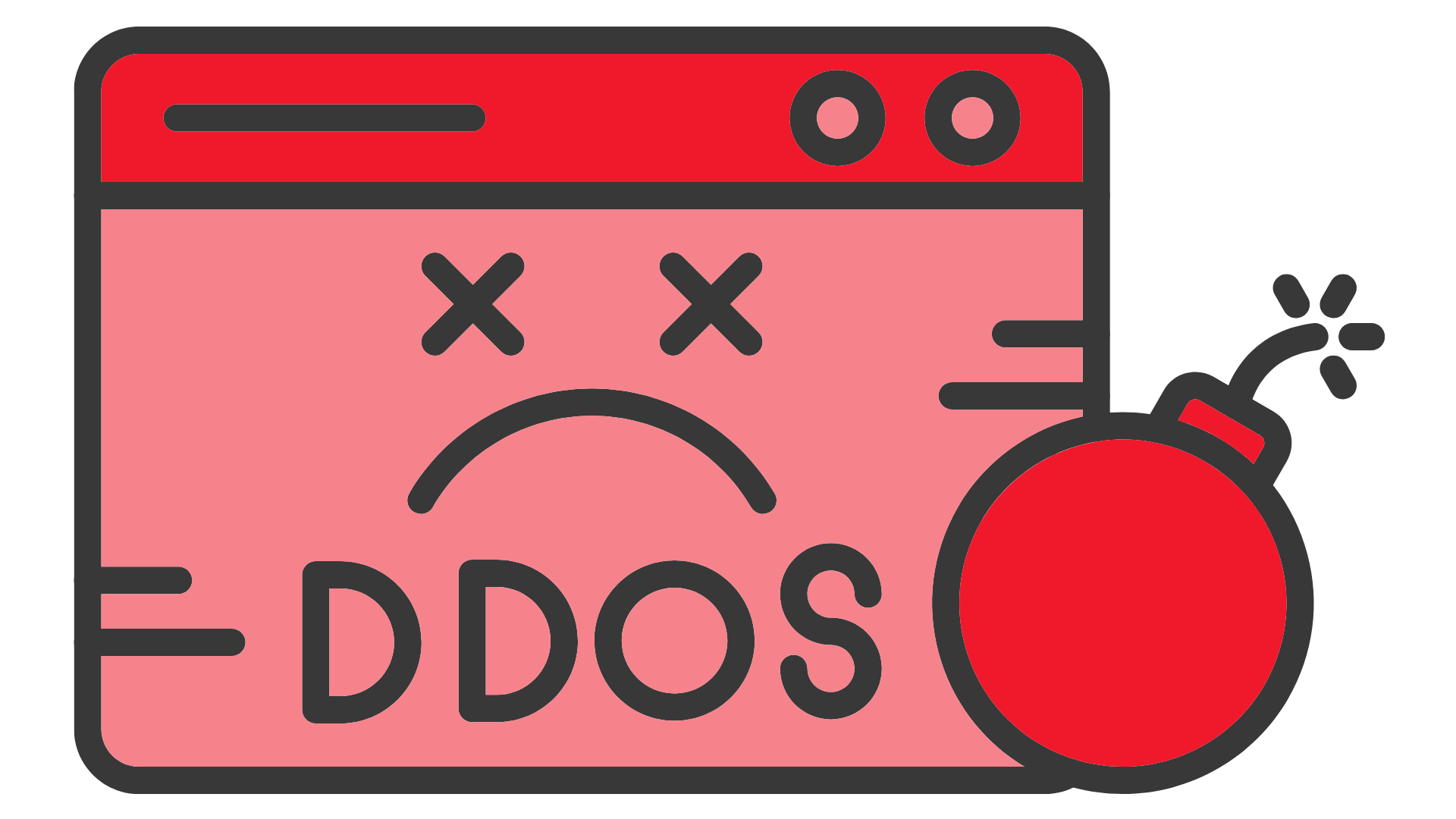 Grafische Darstellung eines roten Browserfensters mit einem DDoS-Symbol und einer Bombe.