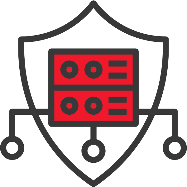 Grafische Darstellung eines Servers innerhalb eines Schutzschilds, rot und schwarz.