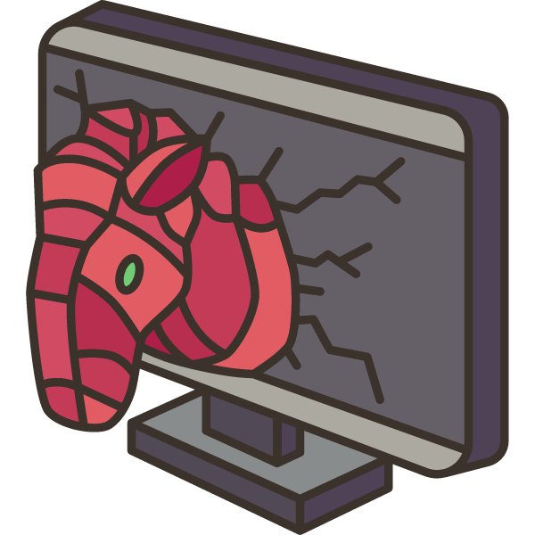 Illustration eines Trojaners, der aus einem Computerbildschirm herausragt, mit Rissen im Bildschirm.