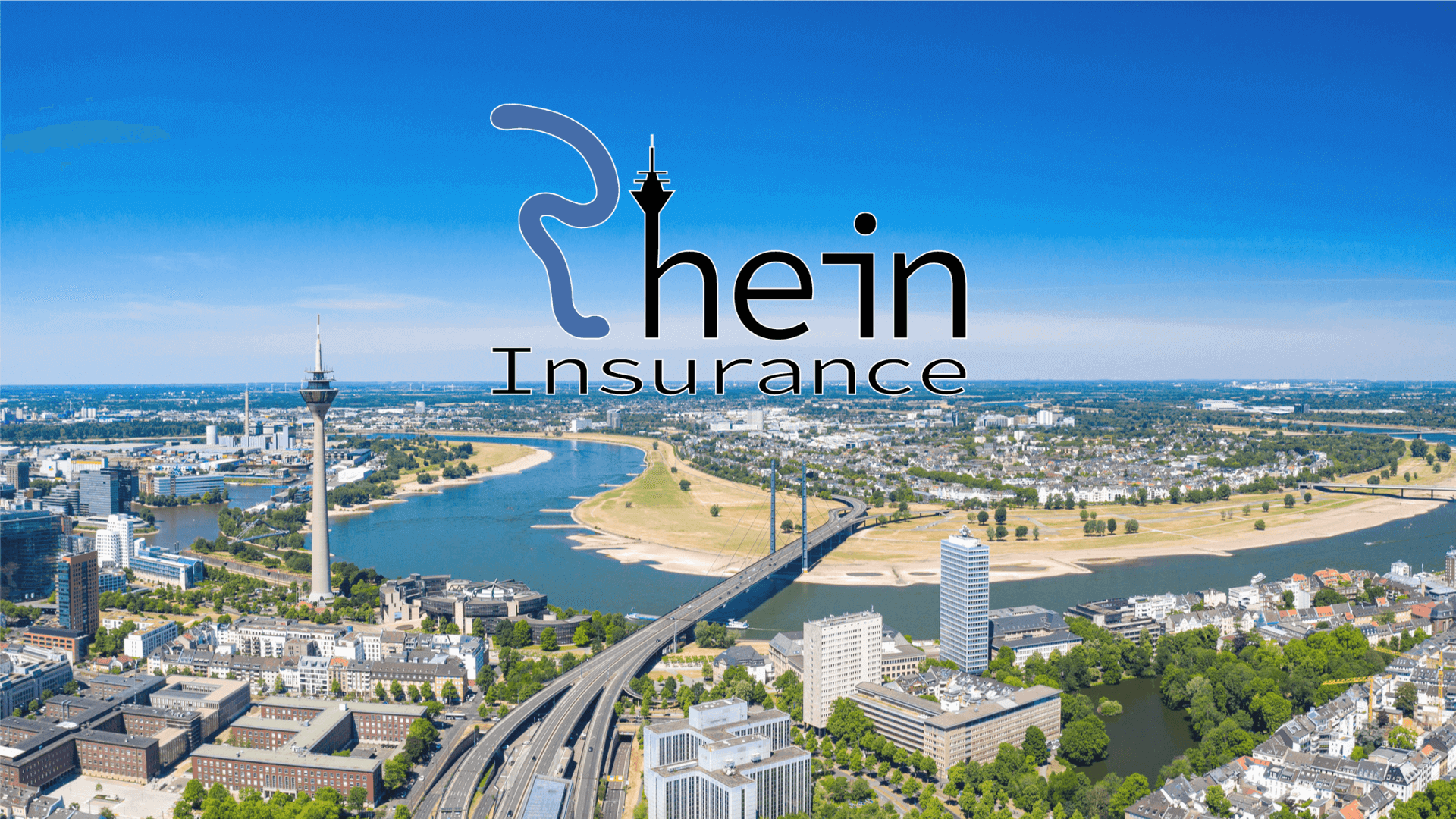 Logo von Rhein Insurance über einer Stadtansicht mit Fluss und Brücke.