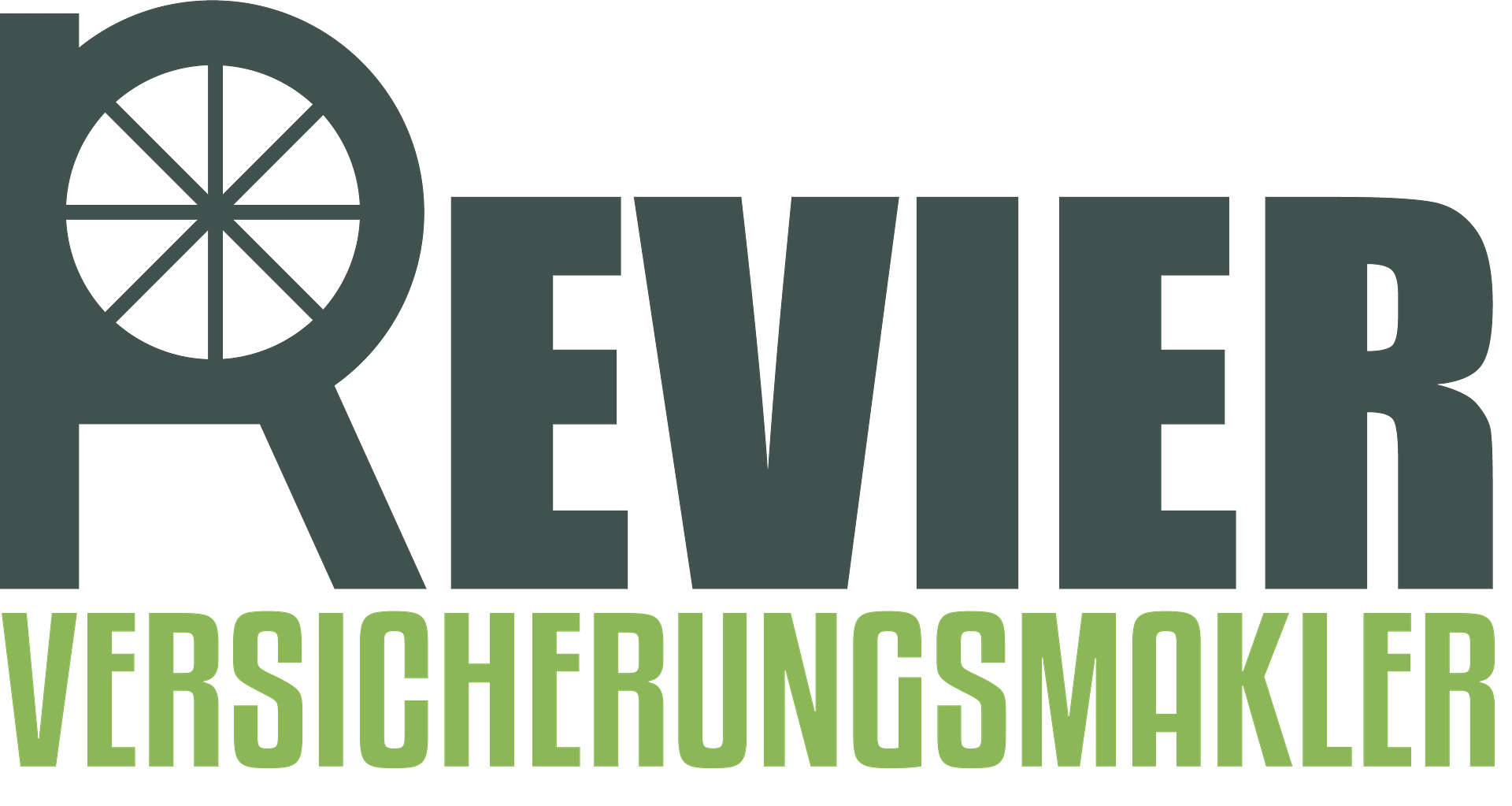Logo von Revier Versicherungsmakler mit einem Rad und Schriftzug in Grau und Grün.