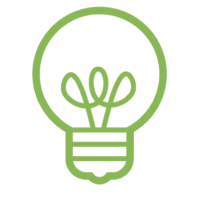 Grünes Icon einer Glühbirne mit geschwungenen Linien im Inneren, symbolisiert Licht oder Ideen.